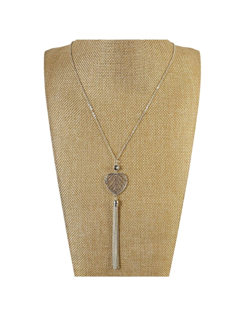 Lauren Conrad LC Silver Tone Heart Tassel Pendant Necklace 32" Filigree